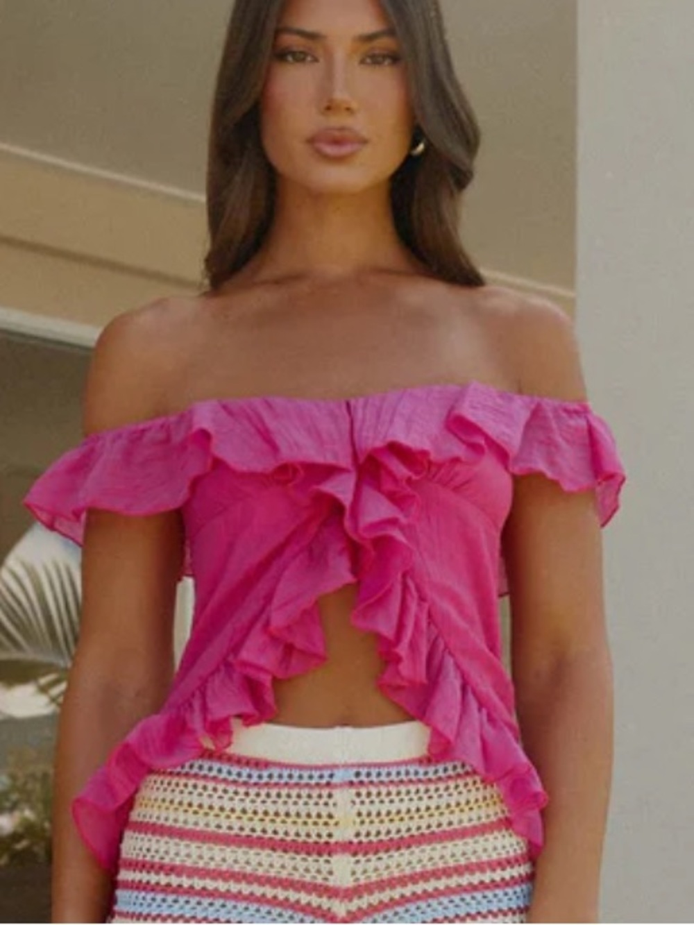 Peppermayo Pink Off-Shoulder Ruffle Crop Top Dylan Off Shoulder Top - Fuchsia